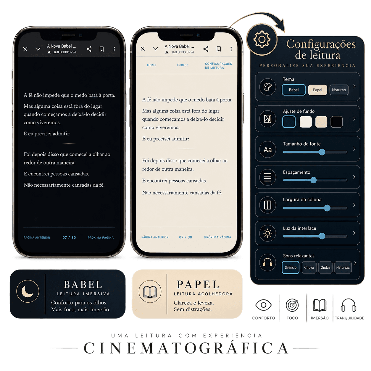 Modos de leitura Babel e Papel e configurações personalizáveis da experiência